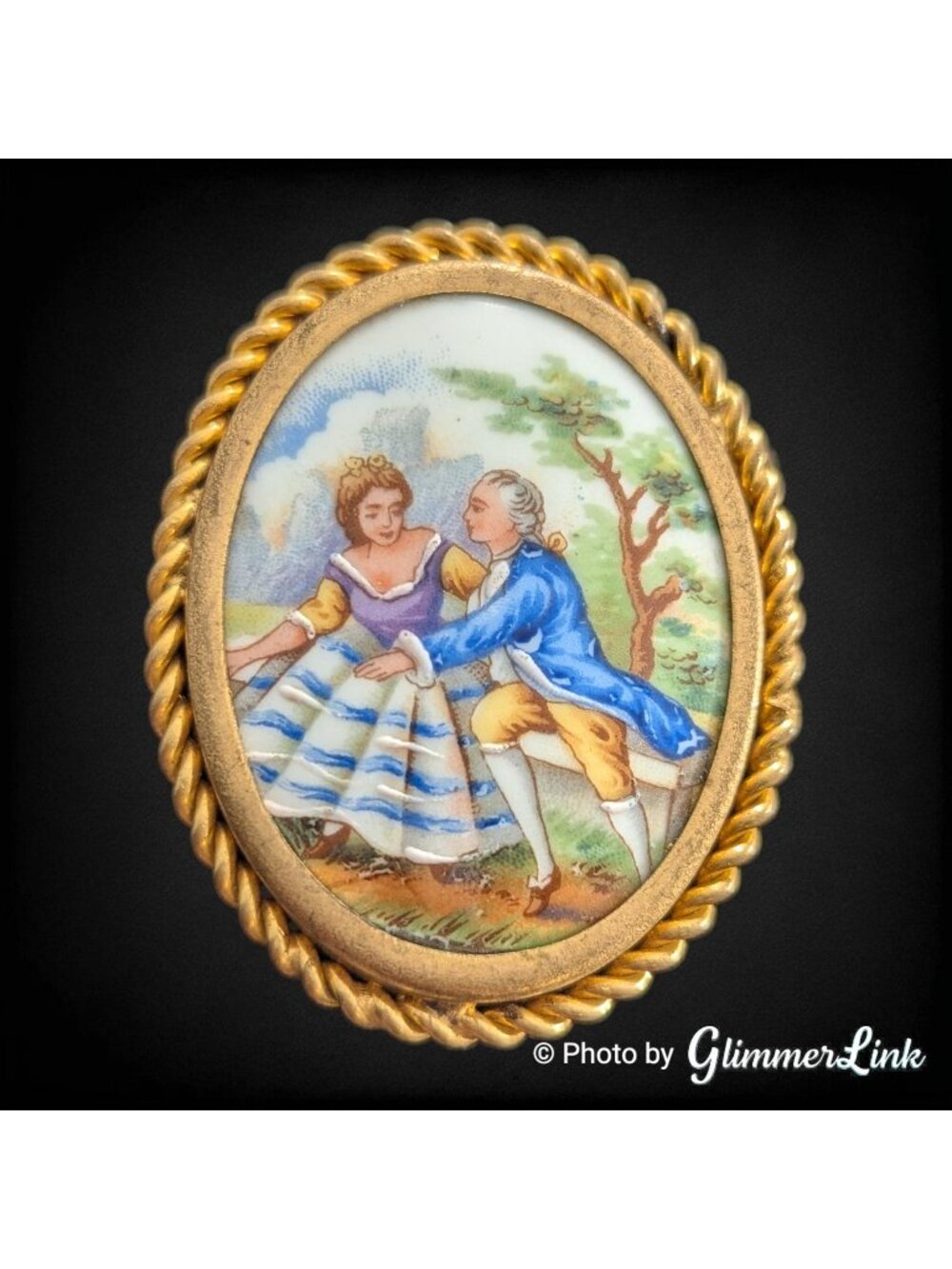 Vintage Limoges Made In France Courting Couple Porcelain Brooch Trombone Clasp